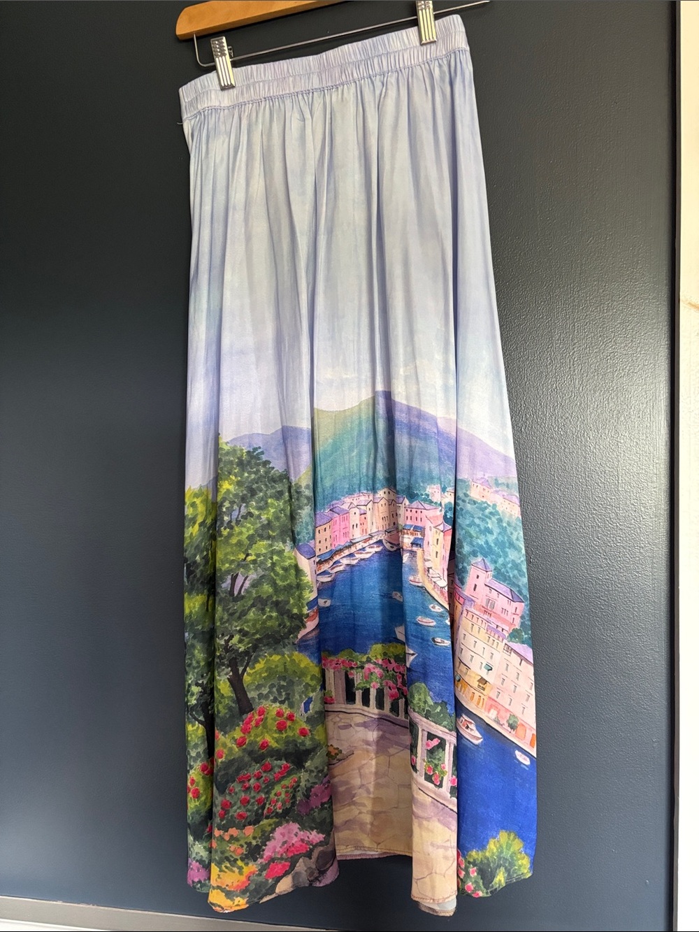 Rachel Zoe Pastel Coastal Watercolor Midi Skirt in Blue, Pink & Green